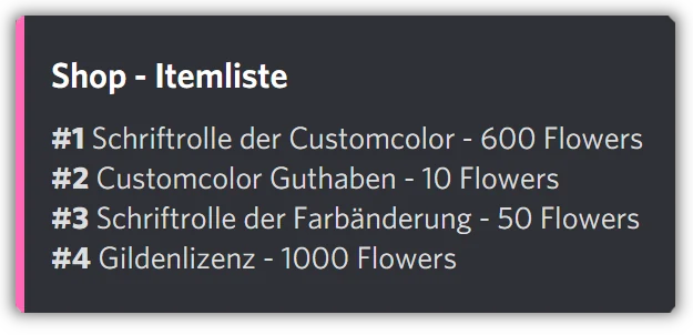 Itemliste des Shops auf dem German Otakus Server